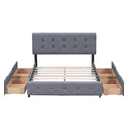 Lit plateforme capitonné avec 4 tiroirs de rangement, beige / gris / blanc, lin, queen, 2 personnes