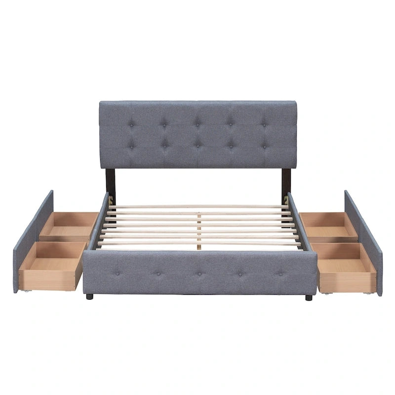 Lit plateforme capitonné avec 4 tiroirs de rangement, beige / gris / blanc, lin, queen, 2 personnes