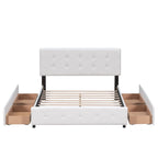 Lit plateforme capitonné avec 4 tiroirs de rangement, beige / gris / blanc, lin, queen, 2 personnes