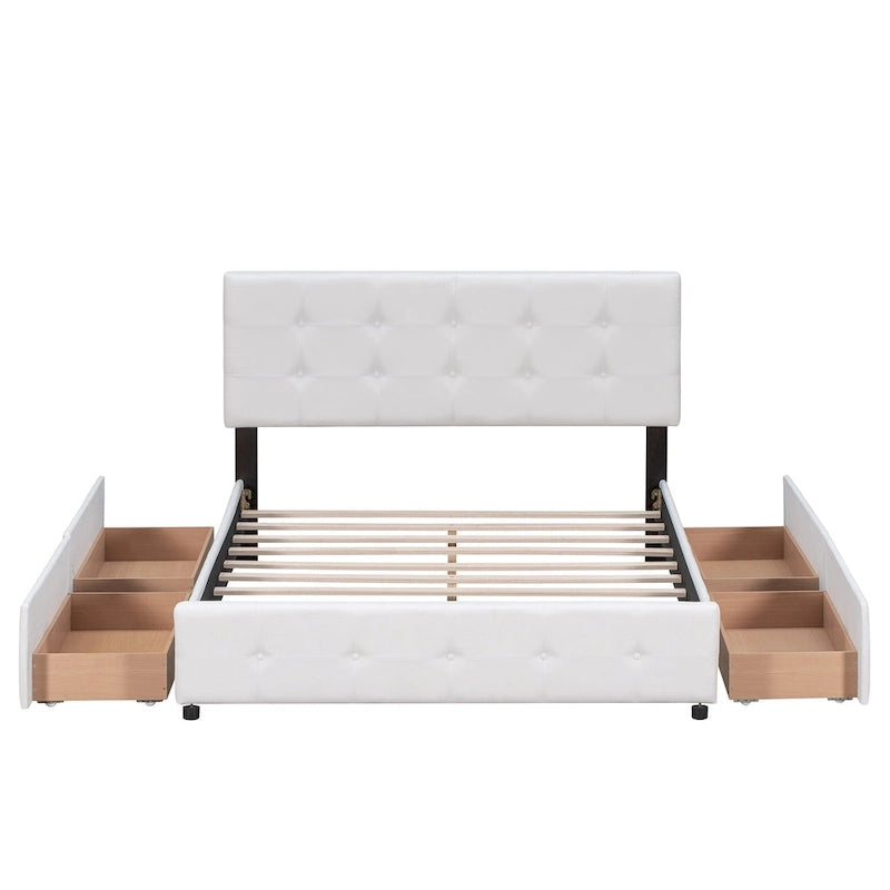 Lit plateforme capitonné avec 4 tiroirs de rangement, beige / gris / blanc, lin, queen, 2 personnes
