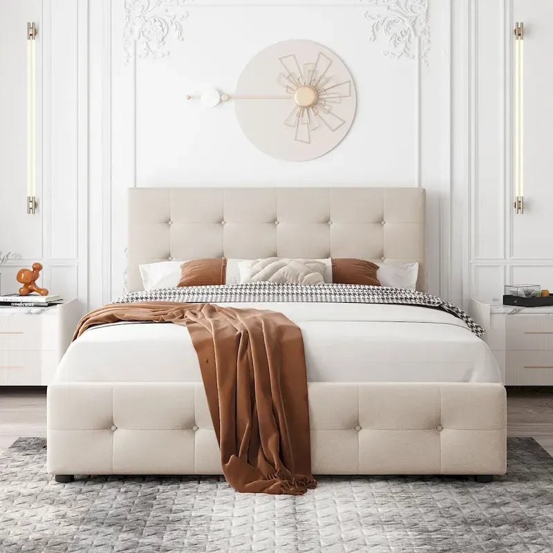 Lit plateforme capitonné avec 4 tiroirs de rangement, beige / gris / blanc, lin, queen, 2 personnes