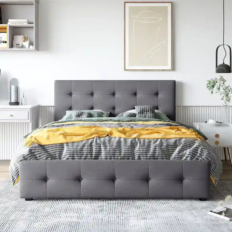 Lit plateforme capitonné avec 4 tiroirs de rangement, beige / gris / blanc, lin, queen, 2 personnes