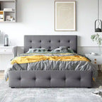 Lit plateforme capitonné avec 4 tiroirs de rangement, beige / gris / blanc, lin, queen, 2 personnes