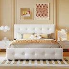 Lit plateforme capitonné avec 4 tiroirs de rangement, beige / gris / blanc, lin, queen, 2 personnes