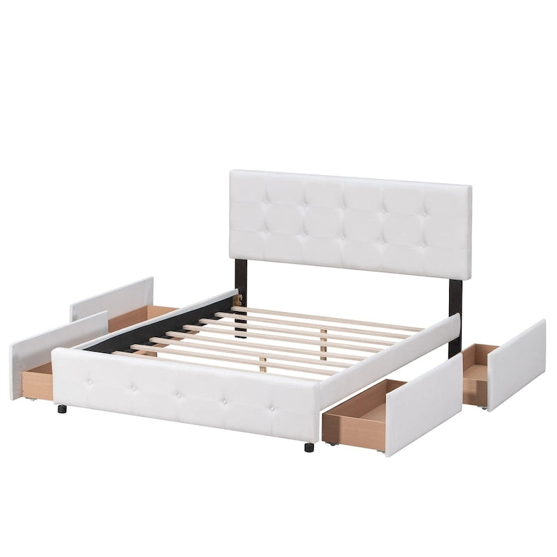Lit plateforme capitonné avec 4 tiroirs de rangement, beige / gris / blanc, lin, queen, 2 personnes