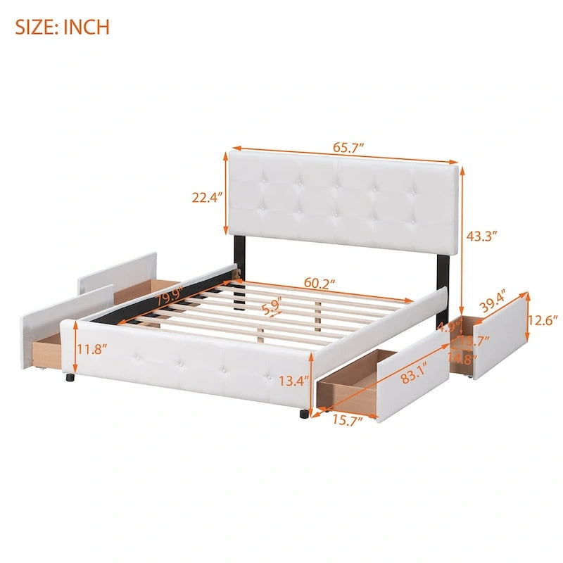 Lit plateforme capitonné avec 4 tiroirs de rangement, beige / gris / blanc, lin, queen, 2 personnes