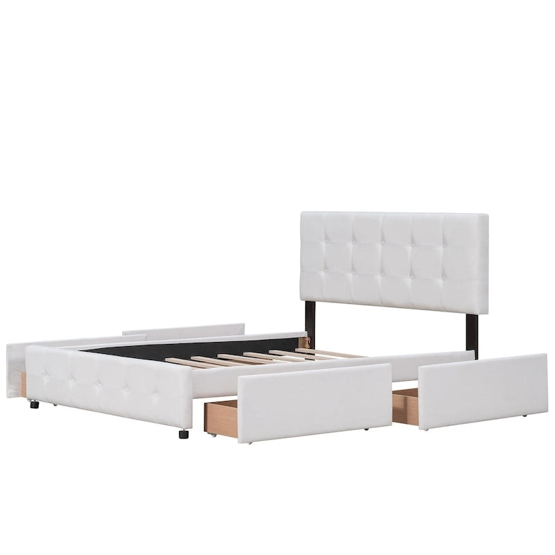 Lit plateforme capitonné avec 4 tiroirs de rangement, beige / gris / blanc, lin, queen, 2 personnes