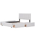 Lit plateforme capitonné avec 4 tiroirs de rangement, beige / gris / blanc, lin, queen, 2 personnes