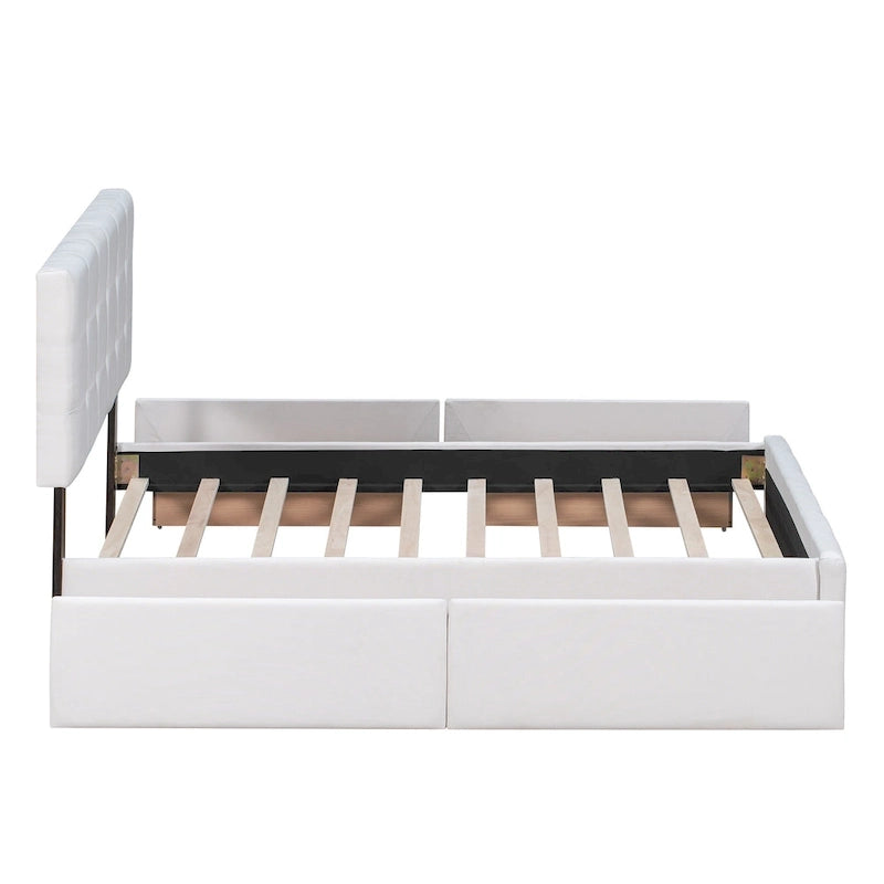 Lit plateforme capitonné avec 4 tiroirs de rangement, beige / gris / blanc, lin, queen, 2 personnes