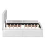 Lit plateforme capitonné avec 4 tiroirs de rangement, beige / gris / blanc, lin, queen, 2 personnes