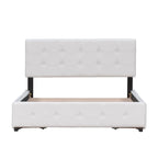 Lit plateforme capitonné avec 4 tiroirs de rangement, beige / gris / blanc, lin, queen, 2 personnes