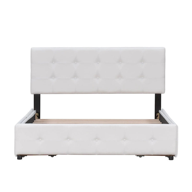 Lit plateforme capitonné avec 4 tiroirs de rangement, beige / gris / blanc, lin, queen, 2 personnes