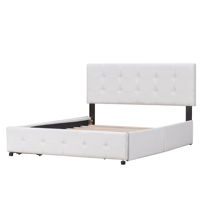 Lit plateforme capitonné avec 4 tiroirs de rangement, beige / gris / blanc, lin, queen, 2 personnes