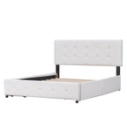 Lit plateforme capitonné avec 4 tiroirs de rangement, beige / gris / blanc, lin, queen, 2 personnes