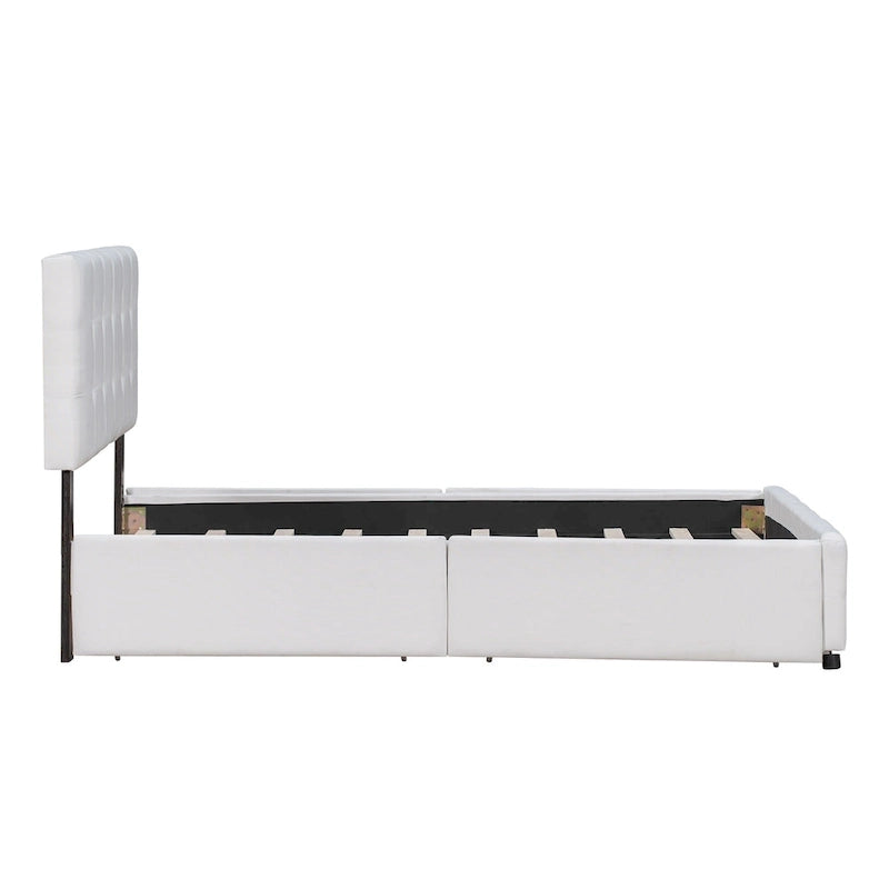 Lit plateforme capitonné avec 4 tiroirs de rangement, beige / gris / blanc, lin, queen, 2 personnes