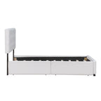Lit plateforme capitonné avec 4 tiroirs de rangement, beige / gris / blanc, lin, queen, 2 personnes