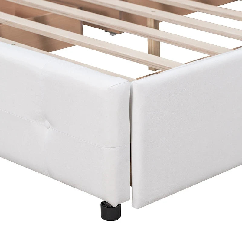 Lit plateforme capitonné avec 4 tiroirs de rangement, beige / gris / blanc, lin, queen, 2 personnes
