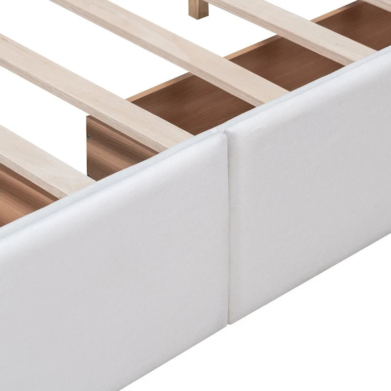 Lit plateforme capitonné avec 4 tiroirs de rangement, beige / gris / blanc, lin, queen, 2 personnes