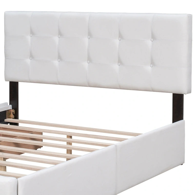 Lit plateforme capitonné avec 4 tiroirs de rangement, beige / gris / blanc, lin, queen, 2 personnes
