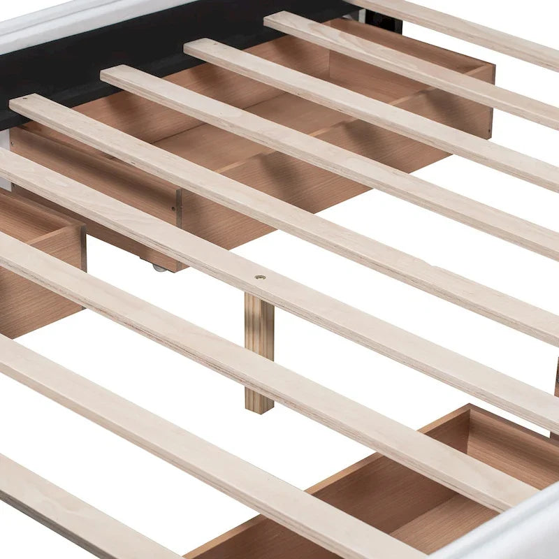 Lit plateforme capitonné avec 4 tiroirs de rangement, beige / gris / blanc, lin, queen, 2 personnes