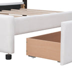 Lit plateforme capitonné avec 4 tiroirs de rangement, beige / gris / blanc, lin, queen, 2 personnes