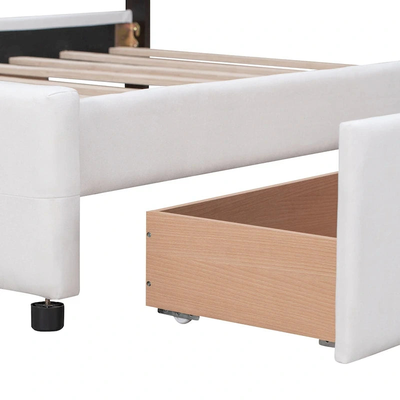 Lit plateforme capitonné avec 4 tiroirs de rangement, beige / gris / blanc, lin, queen, 2 personnes