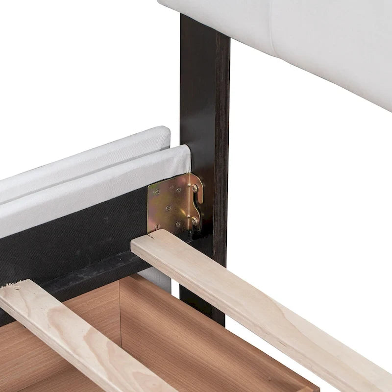 Lit plateforme capitonné avec 4 tiroirs de rangement, beige / gris / blanc, lin, queen, 2 personnes