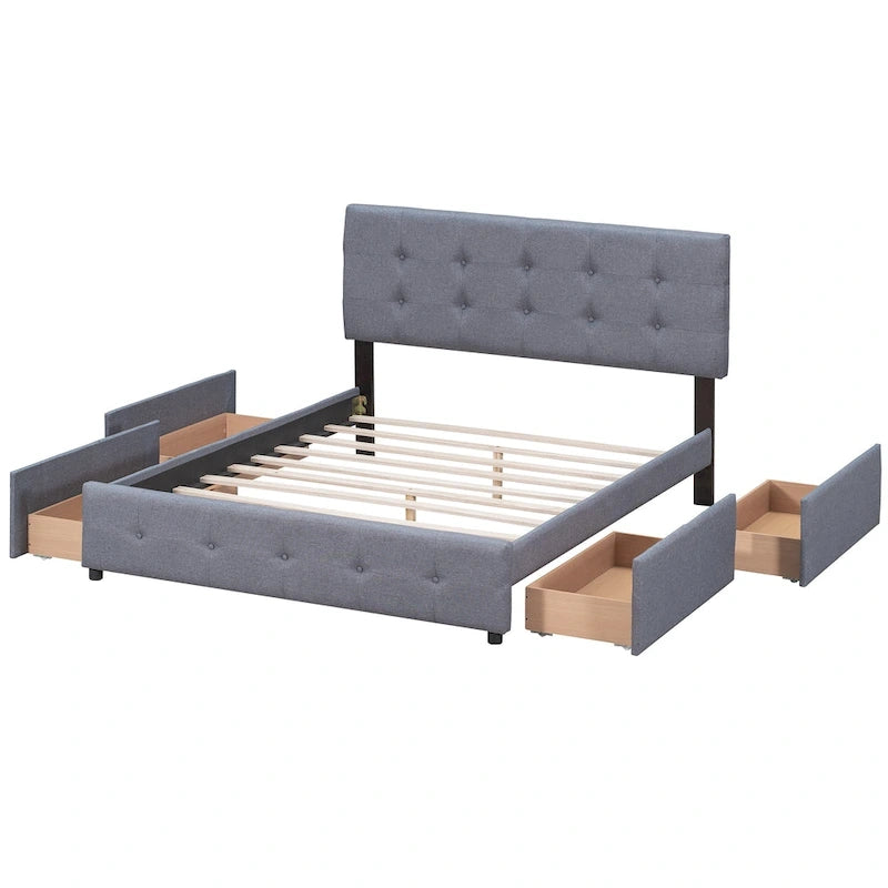 Lit plateforme capitonné avec 4 tiroirs de rangement, beige / gris / blanc, lin, queen, 2 personnes