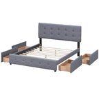 Lit plateforme capitonné avec 4 tiroirs de rangement, beige / gris / blanc, lin, queen, 2 personnes