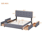 Lit plateforme capitonné avec 4 tiroirs de rangement, beige / gris / blanc, lin, queen, 2 personnes