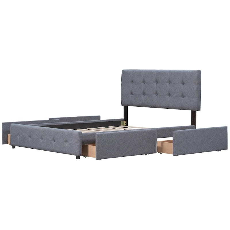 Lit plateforme capitonné avec 4 tiroirs de rangement, beige / gris / blanc, lin, queen, 2 personnes