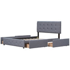 Lit plateforme capitonné avec 4 tiroirs de rangement, beige / gris / blanc, lin, queen, 2 personnes