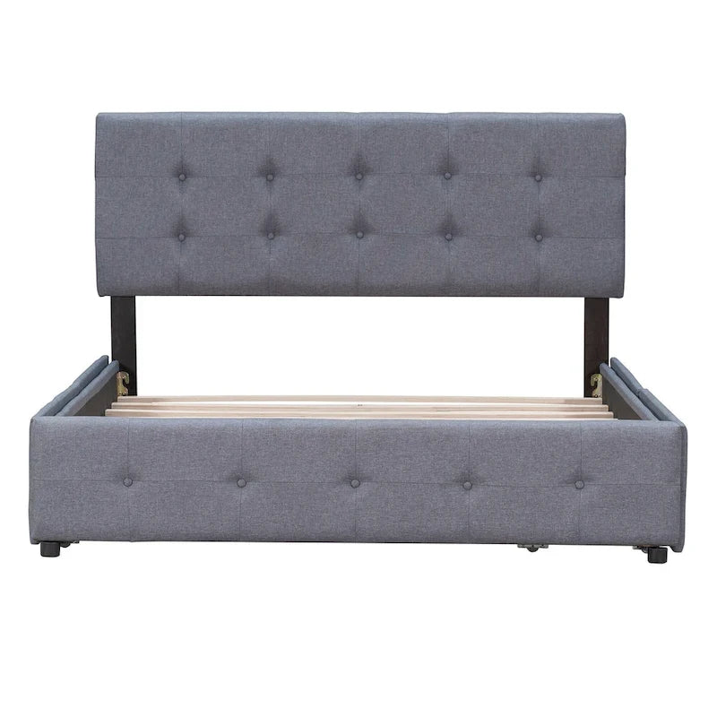 Lit plateforme capitonné avec 4 tiroirs de rangement, beige / gris / blanc, lin, queen, 2 personnes