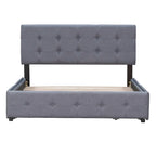 Lit plateforme capitonné avec 4 tiroirs de rangement, beige / gris / blanc, lin, queen, 2 personnes