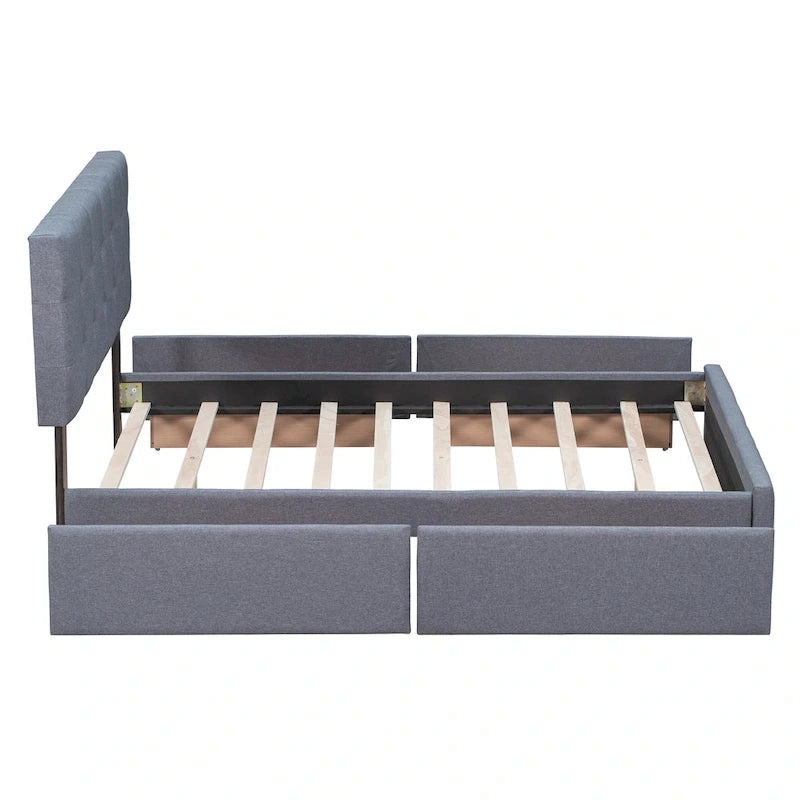 Lit plateforme capitonné avec 4 tiroirs de rangement, beige / gris / blanc, lin, queen, 2 personnes