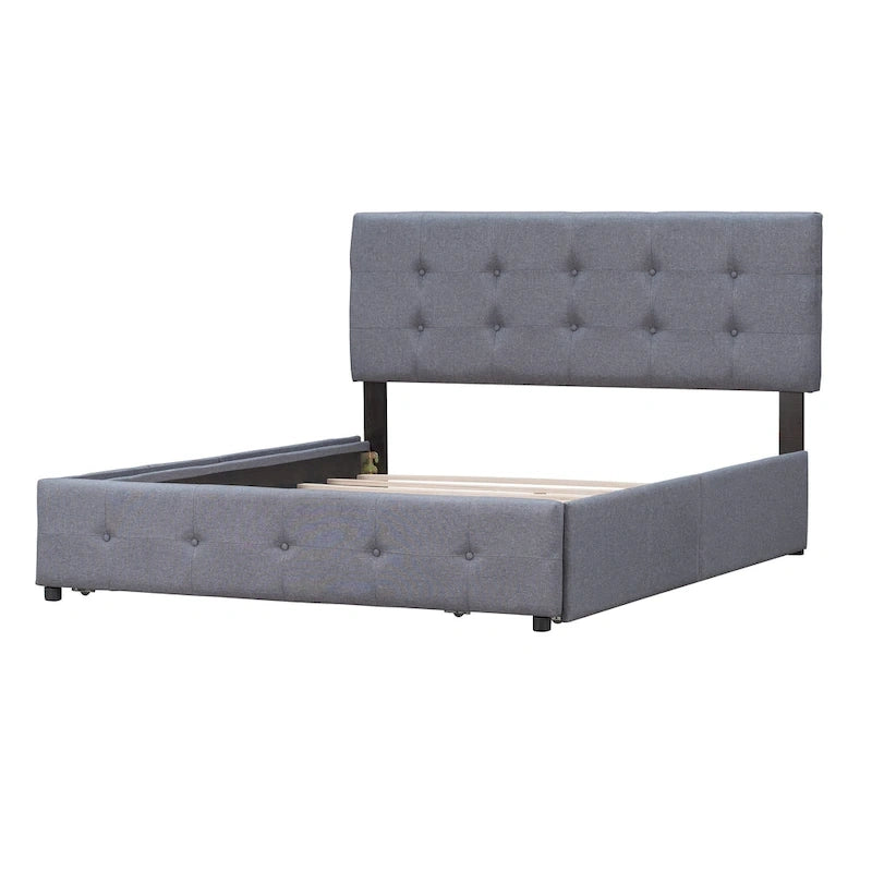 Lit plateforme capitonné avec 4 tiroirs de rangement, beige / gris / blanc, lin, queen, 2 personnes