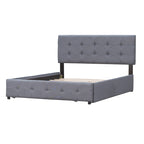 Lit plateforme capitonné avec 4 tiroirs de rangement, beige / gris / blanc, lin, queen, 2 personnes