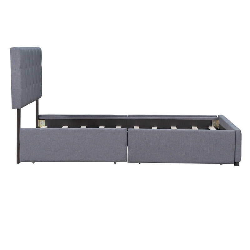 Lit plateforme capitonné avec 4 tiroirs de rangement, beige / gris / blanc, lin, queen, 2 personnes