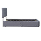 Lit plateforme capitonné avec 4 tiroirs de rangement, beige / gris / blanc, lin, queen, 2 personnes