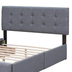 Lit plateforme capitonné avec 4 tiroirs de rangement, beige / gris / blanc, lin, queen, 2 personnes
