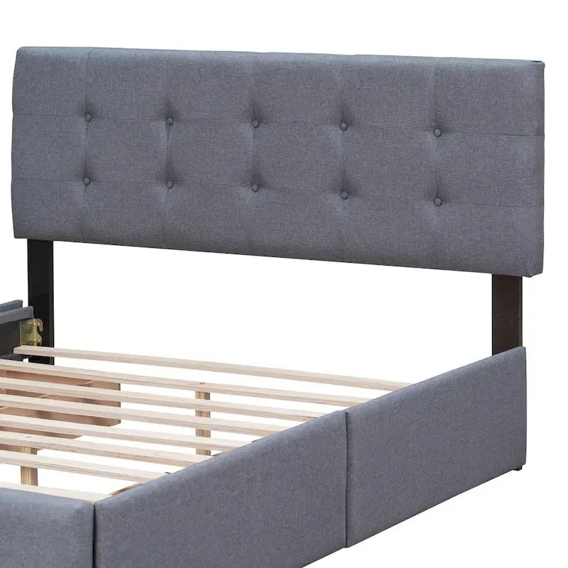 Lit plateforme capitonné avec 4 tiroirs de rangement, beige / gris / blanc, lin, queen, 2 personnes