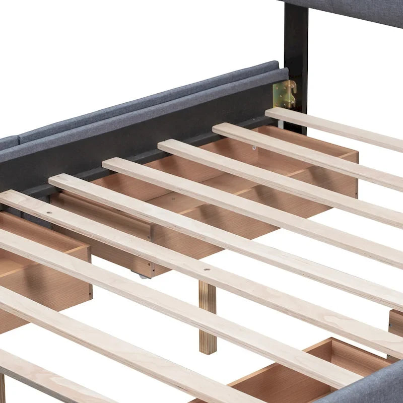Lit plateforme capitonné avec 4 tiroirs de rangement, beige / gris / blanc, lin, queen, 2 personnes