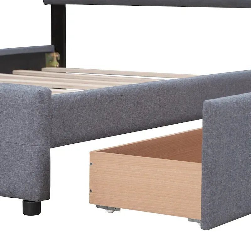 Lit plateforme capitonné avec 4 tiroirs de rangement, beige / gris / blanc, lin, queen, 2 personnes