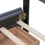 Lit plateforme capitonné avec 4 tiroirs de rangement, beige / gris / blanc, lin, queen, 2 personnes
