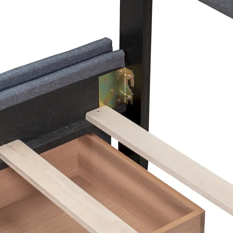 Lit plateforme capitonné avec 4 tiroirs de rangement, beige / gris / blanc, lin, queen, 2 personnes