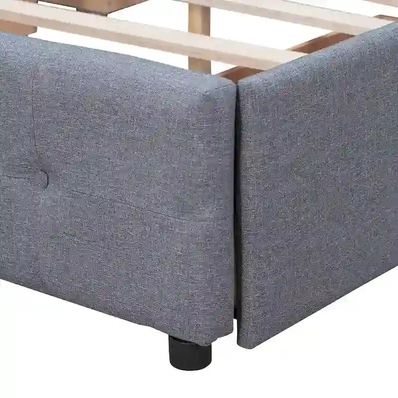 Lit plateforme capitonné avec 4 tiroirs de rangement, beige / gris / blanc, lin, queen, 2 personnes