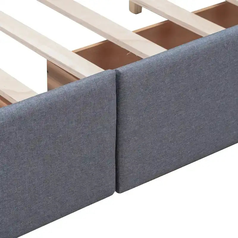 Lit plateforme capitonné avec 4 tiroirs de rangement, beige / gris / blanc, lin, queen, 2 personnes
