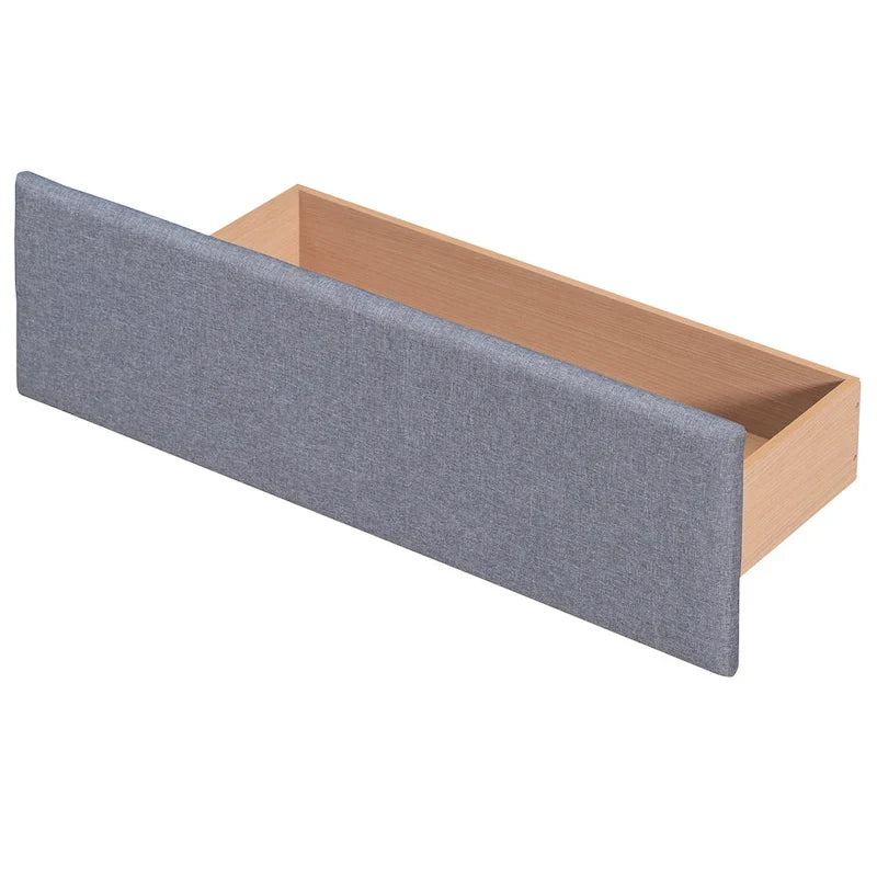 Lit plateforme capitonné avec 4 tiroirs de rangement, beige / gris / blanc, lin, queen, 2 personnes