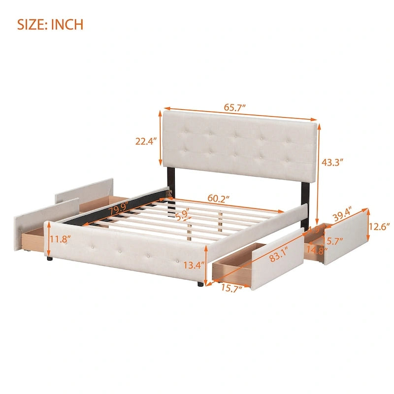 Lit plateforme capitonné avec 4 tiroirs de rangement, beige / gris / blanc, lin, queen, 2 personnes