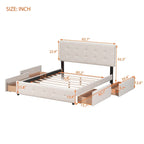 Lit plateforme capitonné avec 4 tiroirs de rangement, beige / gris / blanc, lin, queen, 2 personnes